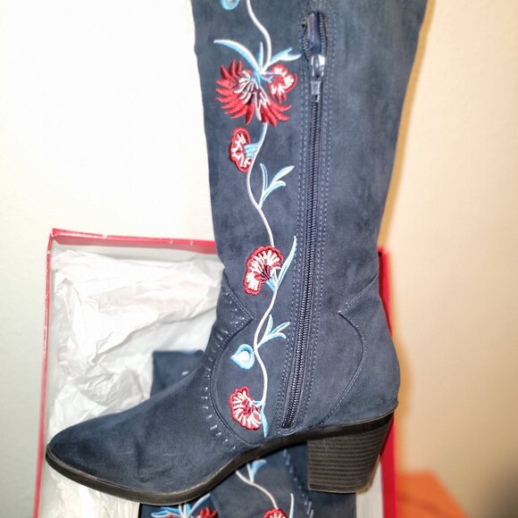 Carlos Santana Alexia Navy Floral Embroidery Over the Knee Boots - Picture 5 of 8